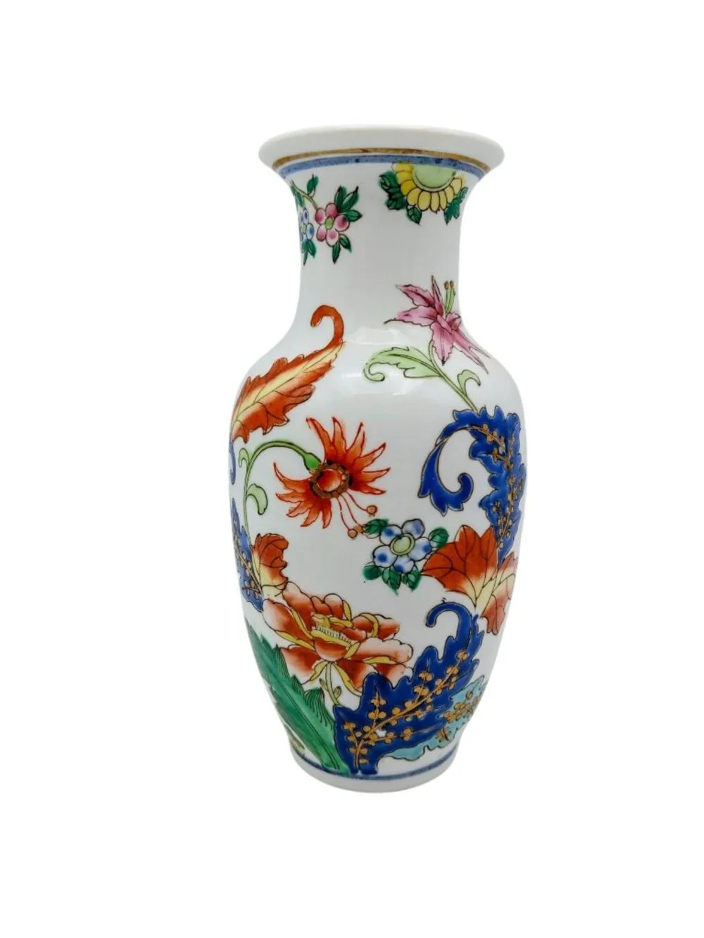 Made in Macau Chinoisere Tobacco Leaf Vase Hand Painted Porcelain 6.25 in